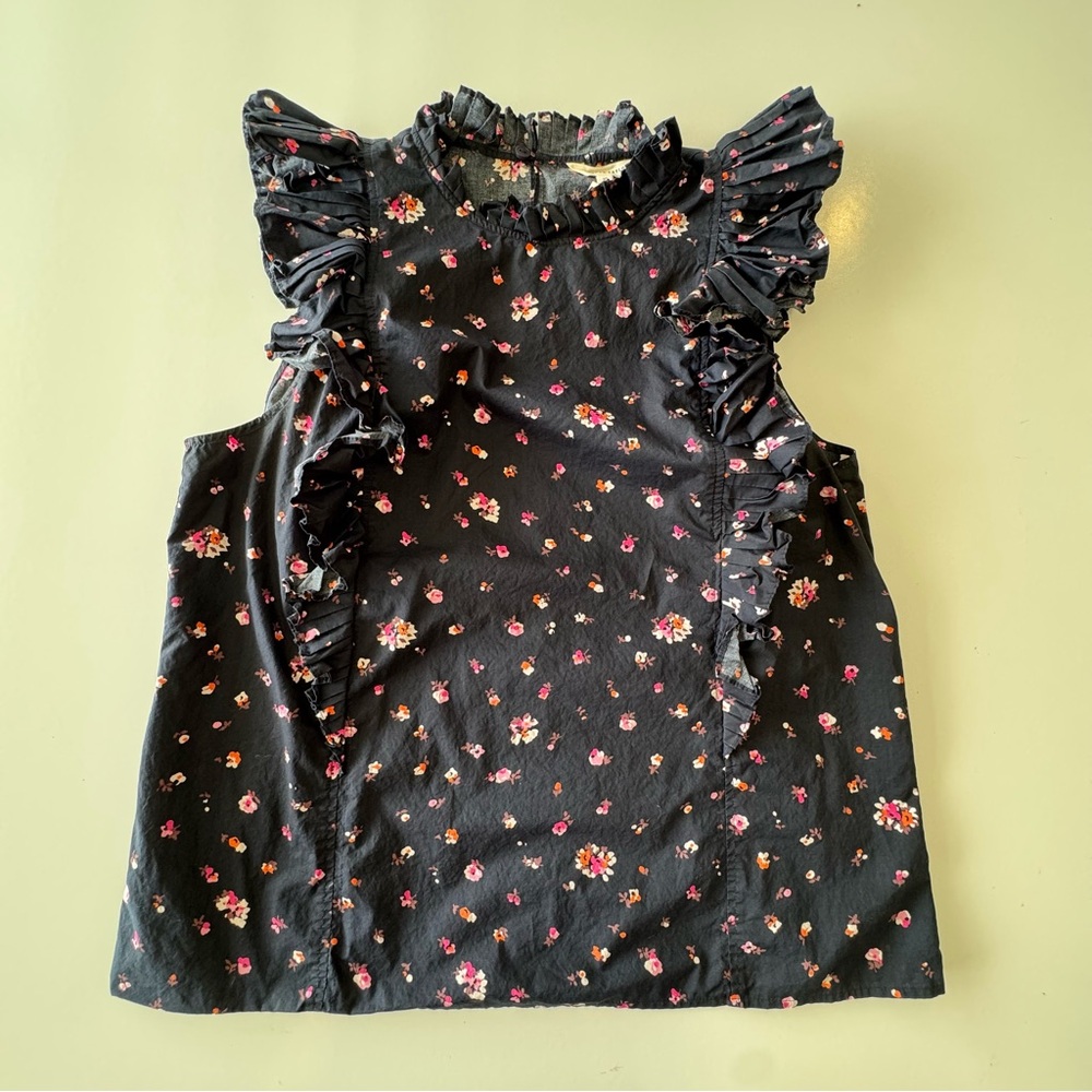 Rebecca Taylor Sleeveless Floral Ruffle Top Navy Blue Pink Size 10 MEDIUM